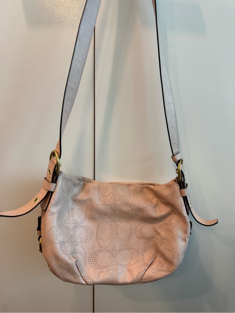 Coach Pale Pink Perforated Hobo Crossbody Bag
